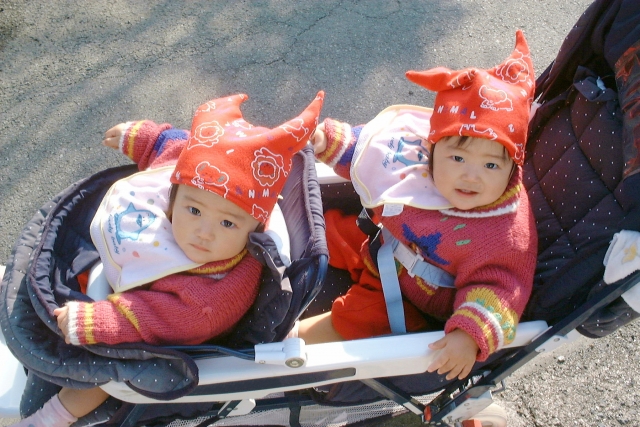 縦型の双子用ベビーカーに乗る双子の写真